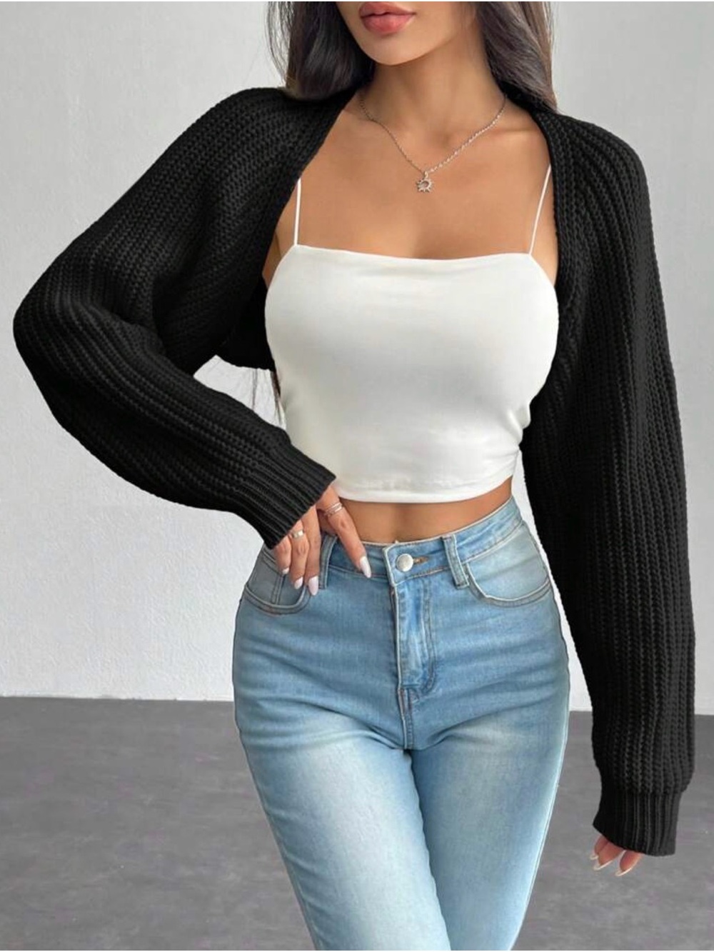 Sleeve-Only/Cropped Ribbed Open Front Cardigan - Picture 2 of 2